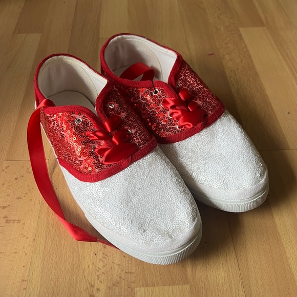 Custom Sequin Saddle Shoes Red White Swing Lindy Hop Mens 7 / Womens 9 Sneakers. - Picture 1 of 5